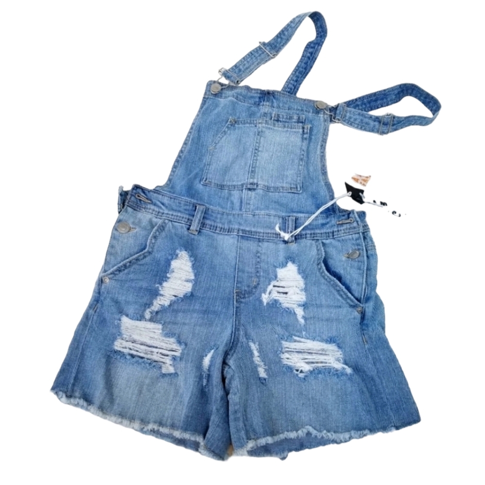 NEW Almost Famous Women Junior Size 3 Distressed Shorts Overalls